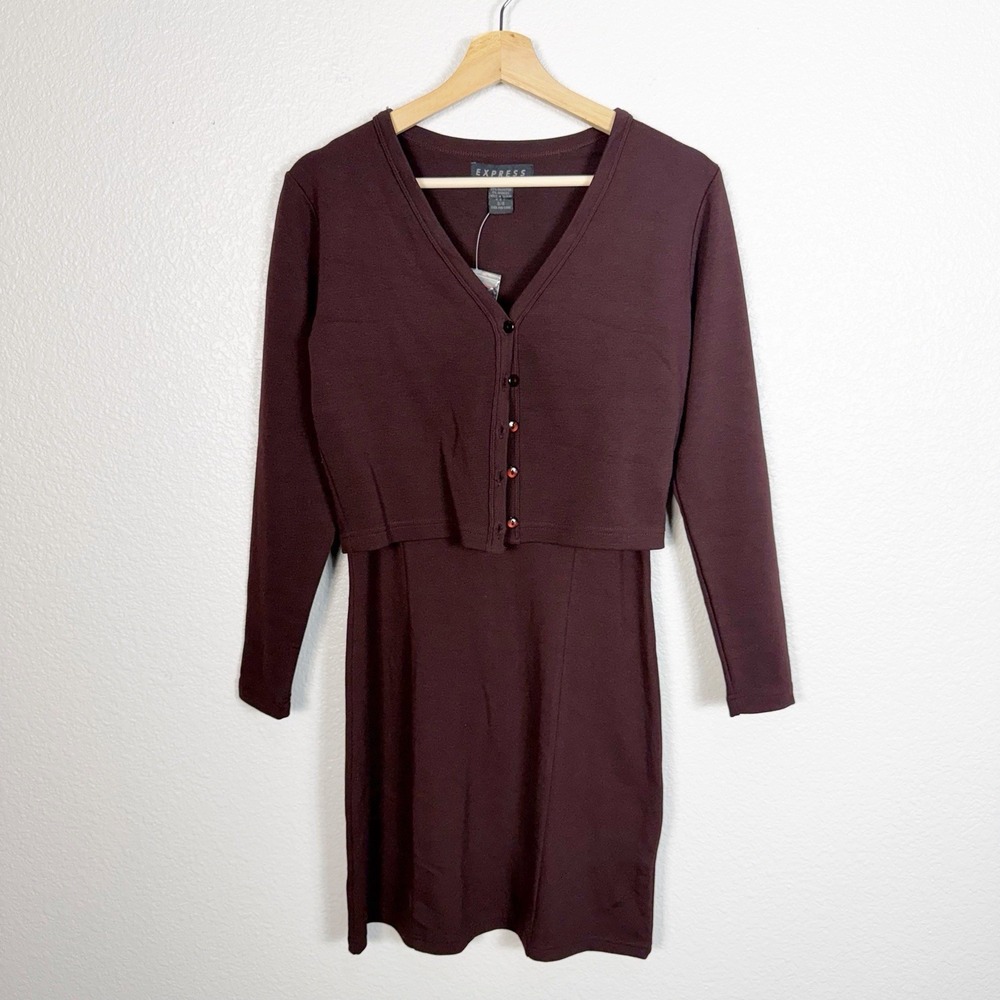 Vintage Express Y2K 90s Deadstock Sz 3/4 Mini Dress Cardigan Set Chocolate Brown